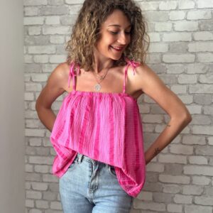 Top rayé en gaze de coton fuchsia Billie