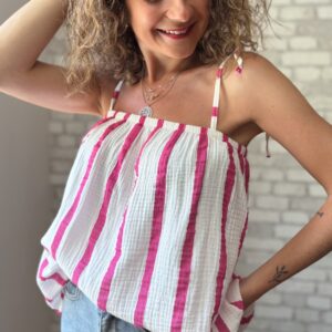 Top rayé en gaze de coton blanc Billie