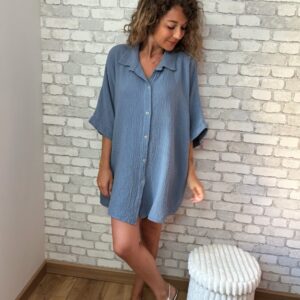 Robe chemise bleu en gaze de coton Ysé