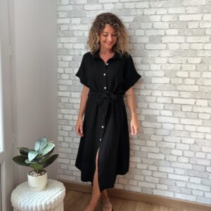 Robe chemise en gaze de coton noire Mélie