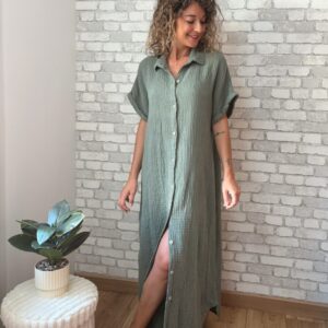 Robe chemise en gaze de coton kaki Jasmine